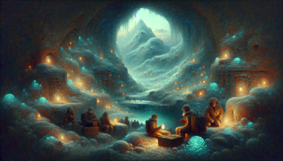 Un antiguo túnel tallado debajo del hielo, iluminado por musgo bioluminiscente a lo largo de paredes escarpadas en las profundidades bajo el Monte Shasta.