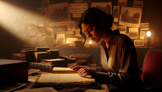 Amelia Rivera está investigando archivos históricos con fotografías y documentos antiguos.