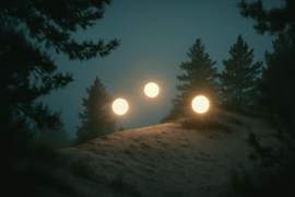 Ancienne photographie en noir et blanc montrant des lumières brillantes au-dessus de pins, extraite d'une archive de journaux des années 1970.