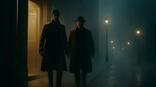 Sherlock Holmes y el Dr. Watson abandonando Baker Street en la noche, bajo la luz brumosa de los faroles.