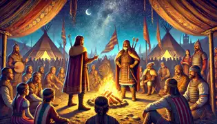 Hunor y Magor lideran una alegre celebración junto a una fogata con su pueblo en la recién descubierta tierra bajo un cielo estrellado.