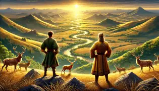 Hunor y Magor contemplan un valle fértil, bañado por la luz del sol, mientras el ciervo dorado se aleja desvaneciéndose en el horizonte.
