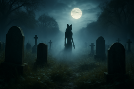 Moonlit cemetery in the swamp with a wolf’s paw carving on a marble tombstone