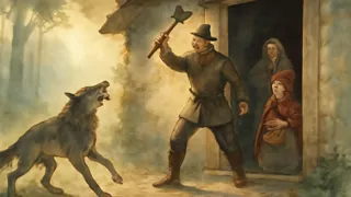 El valiente cazador enfrentándose al lobo en la puerta de la cabaña mientras la Capucha Roja observa.