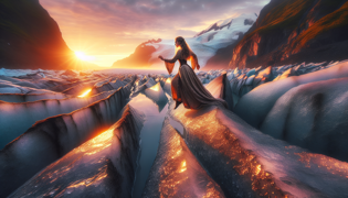 La hija del Rey del Glaciar descendiendo de las cumbres heladas al amanecer.