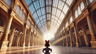 Interior del Grand Palais con su techo de cristal y columnas de mármol mientras Madeline explora
