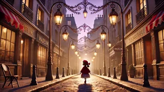 Madeline caminando bajo faroles de hierro forjado que brillan con la luz del atardecer en París