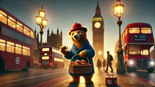 El oso Paddington repartiendo sándwiches de mermelada a los niños callejeros cerca del Big Ben.
