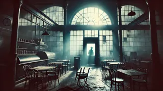 Mesas y sillas vacías de un café abandonado, en estado de deterioro, en el interior de un café de Londres en penumbra.