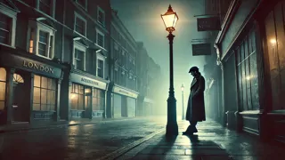 Un hombre solitario con un abrigo raído deambula por una calle abandonada de Londres al atardecer.