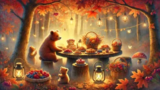 Barnaby y sus amigos se reunieron alrededor de una mesa iluminada por faroles para el picnic de la cosecha.