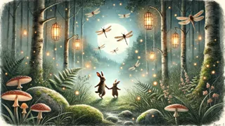 Barnaby y sus amigos bailando con linternas de luciérnagas brillantes en un claro iluminado por la luna.