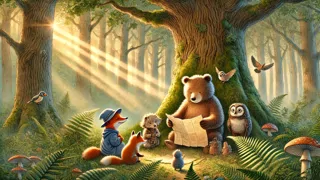 Barnaby y sus amigos examinando un mapa antiguo detrás de la encina en el Bosque de Honeyford