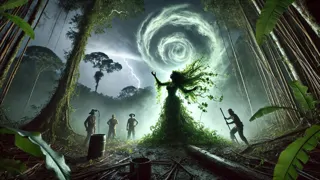 Madremonte enfrentándose a los taladores con truenos ensordecedores en una clara del bosque lluvioso.