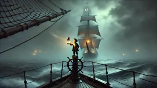 Klabautermann on bowsprit warns captain of hidden reef ahead in thick fog.