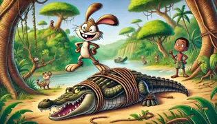Una liebre se encuentra de pie con confianza cerca de un cocodrilo atado, sujetado con fuertes lianas, mientras los animales de la selva observan con sorpresa.