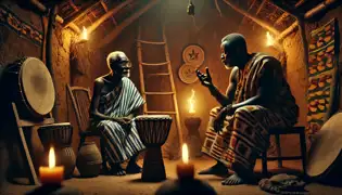 En una cabaña del pueblo apenas iluminada, la anciana historiadora Nana Akoto comparte la leyenda del Tamborilero Fantasma con Kwame Boateng a la luz de las velas.