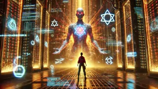 Aria enfrentándose a un imponente djinn digital formado por glifos holográficos en Fractal