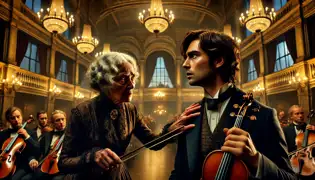 Una anciana le advierte con urgencia a Lukas en una magnífica sala de conciertos de Viena, agarrándole del brazo mientras él escucha, confundido.