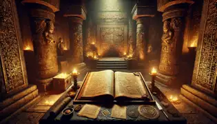 Una cámara oculta con un antiguo manuscrito sobre un altar de piedra, rodeada de relicarios dorados y pergaminos, iluminada por la luz del fuego.