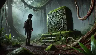 Elisa se encuentra ante un antiguo altar de piedra, cubierto de musgo, mientras susurros inquietantes llenan el aire. Mateo la observa tenso desde atrás.