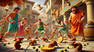 Humorous scene of Abderites battling a mouse infestation with olives and cheese pies