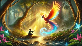 Pakaradi holds a glowing Sarimanok feather in an enchanted forest clearing.