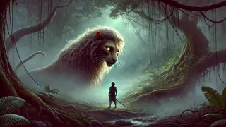 The Tikbalang presents a riddle to Mayari in a misty Philippine jungle at dusk.