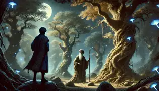 Aziz se encuentra maravillado bajo la luz de la luna en un místico bosque afgano, mientras Baba Darwish lo observa cerca de los resplandecientes Árboles Cantores.
