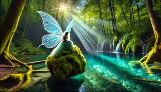 Una hada con alas iridiscentes se sienta junto a una piscina turquesa en un tranquilo claro del bosque en los Lagos de Plitvice.
