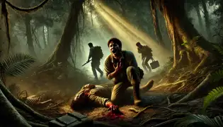 Un joven explorador sostiene su brazo herido en un claro sombrío, mientras sus compañeros reaccionan con incredulidad, rodeados de una misteriosa luz dorada.