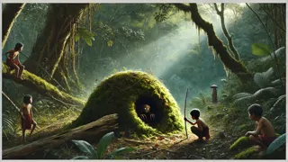Um garoto mexe em um formigueiro coberto de musgo em uma tranquila floresta nas Filipinas, enquanto olhos sombreados observam de dentro.