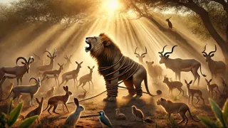 Una reunión tensa de animales africanos presenciando a un león enjaulado, rodeado de trampas hechas con enredaderas trenzadas.