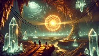 Una esfera luminosa de metal líquido suspendida en una vasta cámara cristalina en el núcleo de la Tierra.