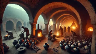 Antiguos artesanos moldeando arcilla y metal a la luz de las antorchas, con el fuego iluminando las primeras herramientas