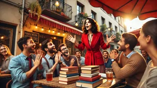 Una mujer contando una historia con entusiasmo en un café al aire libre.