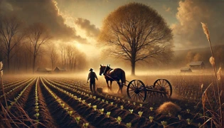 Hombre guiando un arado a través de la tierra de primavera bajo árboles en flor.