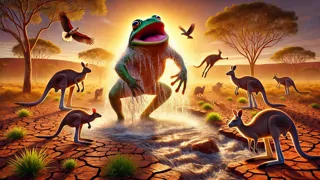 Tiddalik ríe mientras el agua brota de su garganta, revitalizando el desierto.