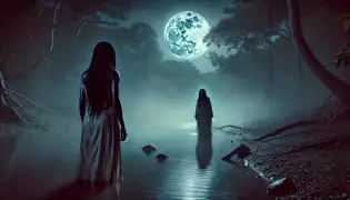 Una mujer fantasmal con cabello largo y oscuro se arrodilla junto al río en la noche, su figura resulta inquietante y perturbadora mientras Kwame se acerca con cautela.