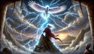 Un anciano Nyamazana se encuentra en la Montaña Sagrada mientras un último rayo de relámpago cae, fusionándolo con la tormenta para siempre.