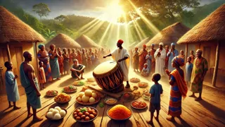 Afolabi golpeando el tambor mientras aparecen bowls de comida ante los asombrados aldeanos.