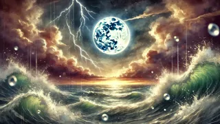 La luna saltando desde las turbulentas olas del océano hacia una estrella lejana