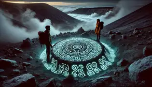 Dos exploradores descubren un antiguo altar resplandeciente, medio sepultado en ceniza volcánica en el corazón del cráter del Irazú.
