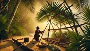Crusoe construyendo un refugio improvisado con bambú y hojas de palma bajo un dosel tropical.