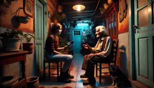 Rosa se sienta en el hogar rústico de Don Ignacio mientras él le cuenta una escalofriante historia sobre el Perro Negro.