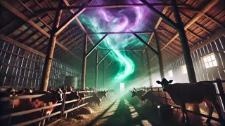Interior de un granero impregnado con luz violeta y verde en remolinos, proveniente de una fuente alienígena.