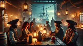 Taverna concurrida en un puerto caribeño, con piratas y marineros alrededor de un mapa del tesoro desgastado, planificando sus próximas acciones.