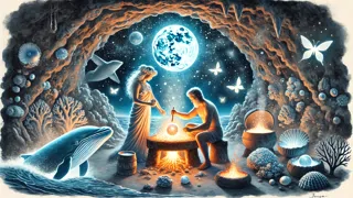 Dioses tonganos forjando un orbe luminoso de coral y perlas