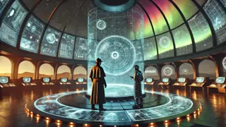 Holmes y un científico examinando mapas estelares holográficos del espacio profundo en el interior de un observatorio de alta tecnología.