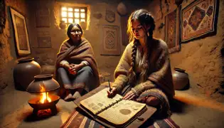 Rosa y su madre se sientan junto a la chimenea, examinando un diario encuadernado en cuero lleno de bocetos y notas.